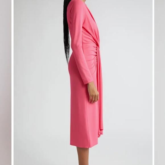 Micheal Kors Collection bright Pink fit & flare draped plunge neck Midi Dress 0 - Picture 4 of 16
